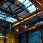 A photograph of a stylish metal building interior featuring sleek ceiling fans in action