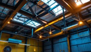 A photograph of a stylish metal building interior featuring sleek ceiling fans in action