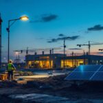 A photograph of a well-lit industrial construction site at dusk