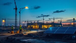 A photograph of a well-lit industrial construction site at dusk