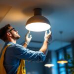 A photograph of a lighting contractor installing drop ceiling led fixtures in a commercial space