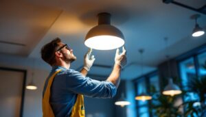 A photograph of a lighting contractor installing drop ceiling led fixtures in a commercial space
