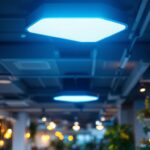 A photograph of a well-lit commercial space featuring 2x4 suspended ceiling lights installed