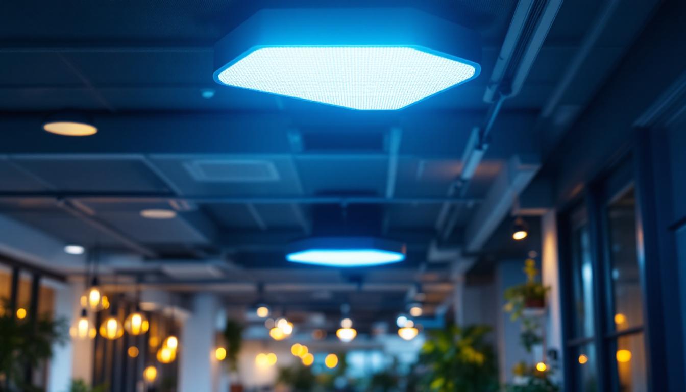 A photograph of a well-lit commercial space featuring 2x4 suspended ceiling lights installed