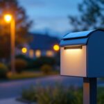 A photograph of a well-lit solar-powered mailbox illuminated at dusk