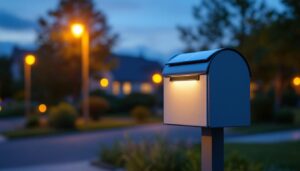 A photograph of a well-lit solar-powered mailbox illuminated at dusk