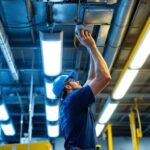 A photograph of a lighting contractor efficiently replacing fluorescent bulbs with led fixtures in a commercial setting