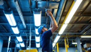 A photograph of a lighting contractor efficiently replacing fluorescent bulbs with led fixtures in a commercial setting