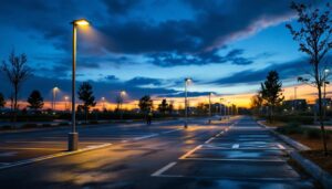 A photograph of a well-lit parking lot at dusk