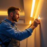 A photograph of a skilled lighting contractor expertly installing recessed led strip lighting in a modern interior space