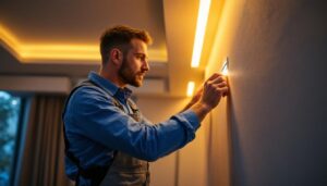 A photograph of a skilled lighting contractor expertly installing recessed led strip lighting in a modern interior space