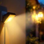 A photograph of a solar-powered flood light installed in a residential or commercial setting