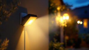 A photograph of a solar-powered flood light installed in a residential or commercial setting