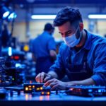 A photograph of a skilled lighting contractor working with a variety of led drivers and dimmers in a well-lit workshop