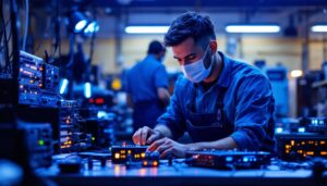 A photograph of a skilled lighting contractor working with a variety of led drivers and dimmers in a well-lit workshop