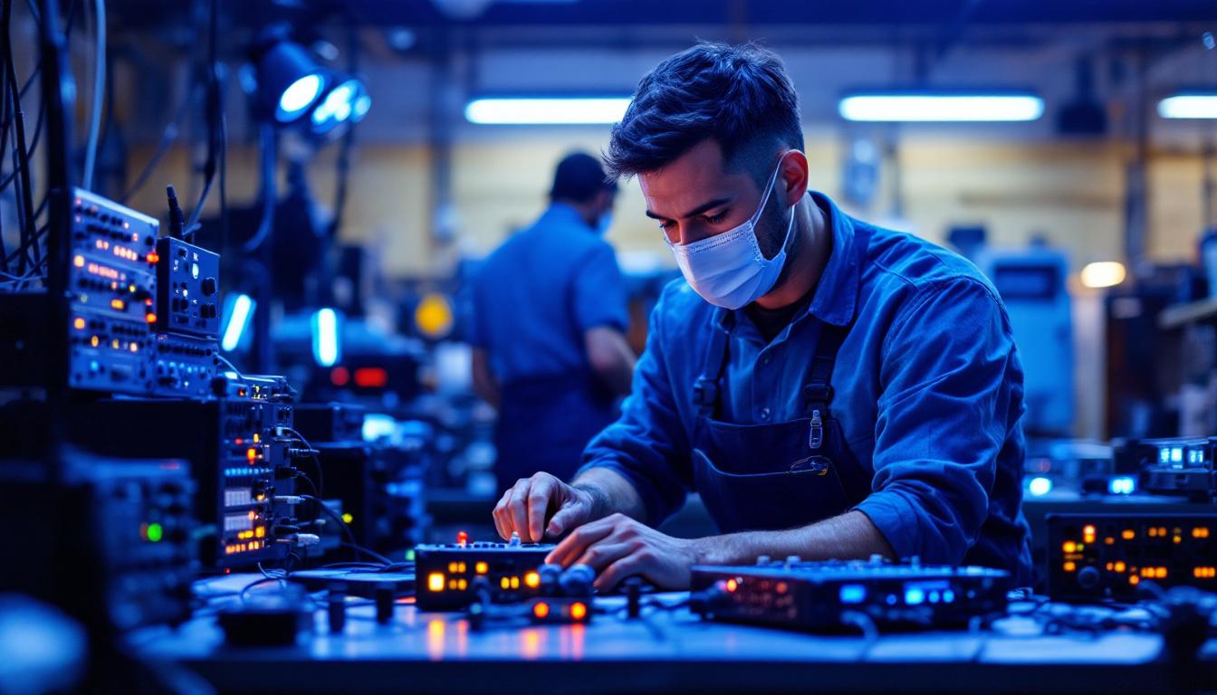 A photograph of a skilled lighting contractor working with a variety of led drivers and dimmers in a well-lit workshop