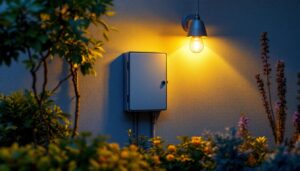 A photograph of a well-installed outdoor electrical box extension in a beautifully lit garden setting