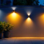 A photograph of a well-lit outdoor space showcasing various styles of led wall lights installed on exterior walls