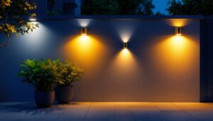 A photograph of a well-lit outdoor space showcasing various styles of led wall lights installed on exterior walls