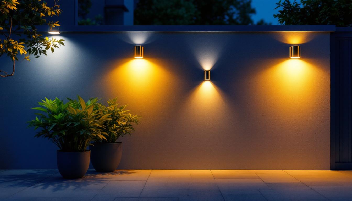 A photograph of a well-lit outdoor space showcasing various styles of led wall lights installed on exterior walls