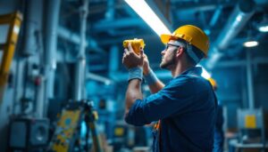 A photograph of a lighting contractor in action