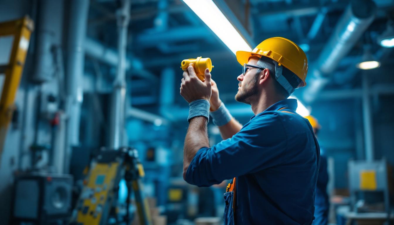 A photograph of a lighting contractor in action