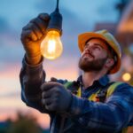 A photograph of a lighting contractor expertly installing a type g outdoor bulb in an aesthetically pleasing outdoor setting