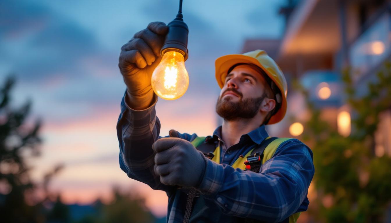 A photograph of a lighting contractor expertly installing a type g outdoor bulb in an aesthetically pleasing outdoor setting