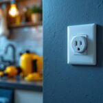 A photograph of a washing machine wall outlet prominently featured in a well-lit laundry room
