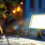 A photograph of a lighting contractor skillfully installing commercial flood lights in an outdoor setting