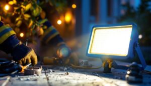 A photograph of a lighting contractor skillfully installing commercial flood lights in an outdoor setting