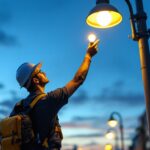 A photograph of a lighting contractor installing or inspecting street light fixtures