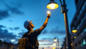 A photograph of a lighting contractor installing or inspecting street light fixtures
