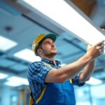A photograph of a lighting contractor installing or inspecting surface mount flat panel led lights in a modern commercial or residential setting