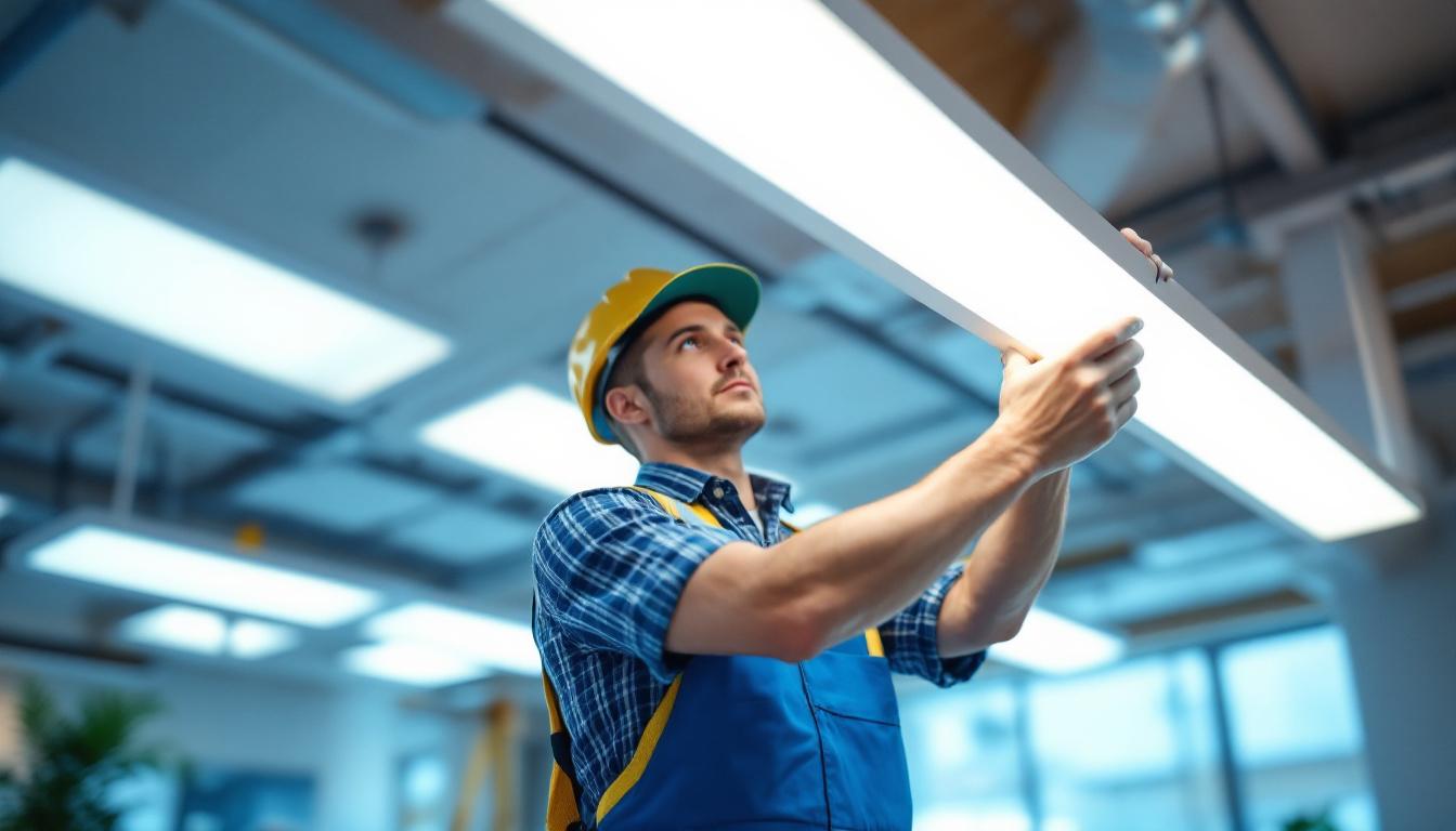 A photograph of a lighting contractor installing or inspecting surface mount flat panel led lights in a modern commercial or residential setting