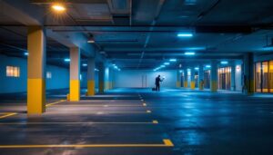 A photograph of a well-lit parking area showcasing led lights in action