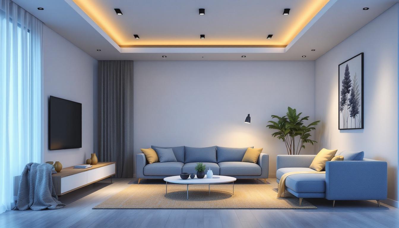 A photograph of a modern living space featuring sleek recessed lights