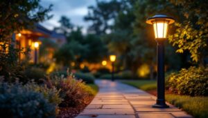 A photograph of a beautifully lit solar yard post light illuminating a landscaped garden path at dusk