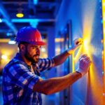 A photograph of a lighting contractor installing a vibrant 4ft led strip in a modern commercial space