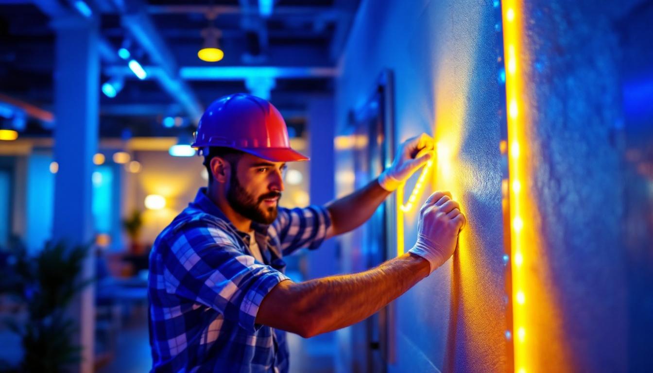 A photograph of a lighting contractor installing a vibrant 4ft led strip in a modern commercial space