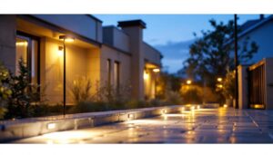 A photograph of a well-lit outdoor area showcasing various motion sensor lights in action