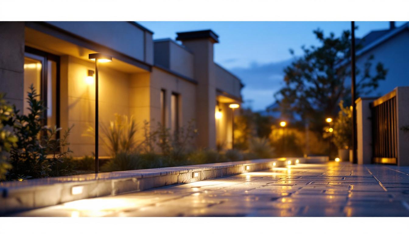 A photograph of a well-lit outdoor area showcasing various motion sensor lights in action