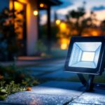 A photograph of a solar flood light with remote control installed in a vibrant outdoor setting at dusk