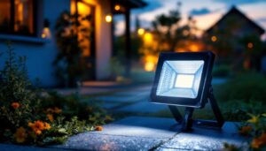 A photograph of a solar flood light with remote control installed in a vibrant outdoor setting at dusk