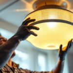 A photograph of a skilled lighting contractor carefully installing a stylish waffle-patterned light fixture in a modern interior setting