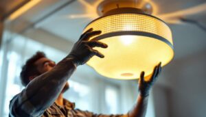 A photograph of a skilled lighting contractor carefully installing a stylish waffle-patterned light fixture in a modern interior setting