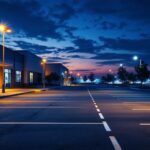 A photograph of a well-lit parking lot at dusk