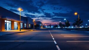 A photograph of a well-lit parking lot at dusk