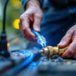 A photograph of a close-up of a waterproof splice connector being installed by a lighting contractor