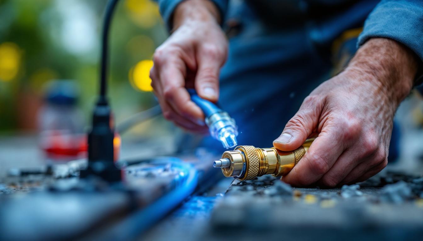 A photograph of a close-up of a waterproof splice connector being installed by a lighting contractor